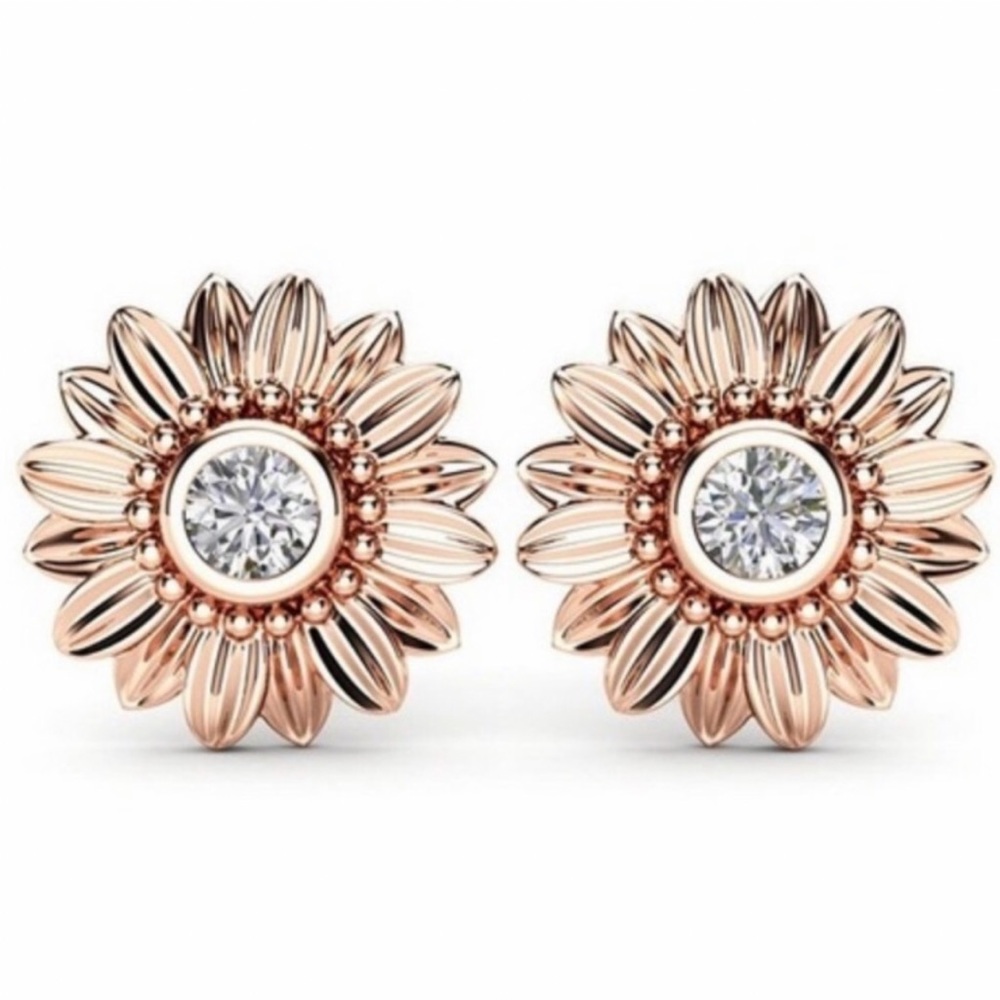NEW 18K ROSE GOLD EARRINGS DIAMOND SUNFLOWER EARRINGS STUD EARRINGS